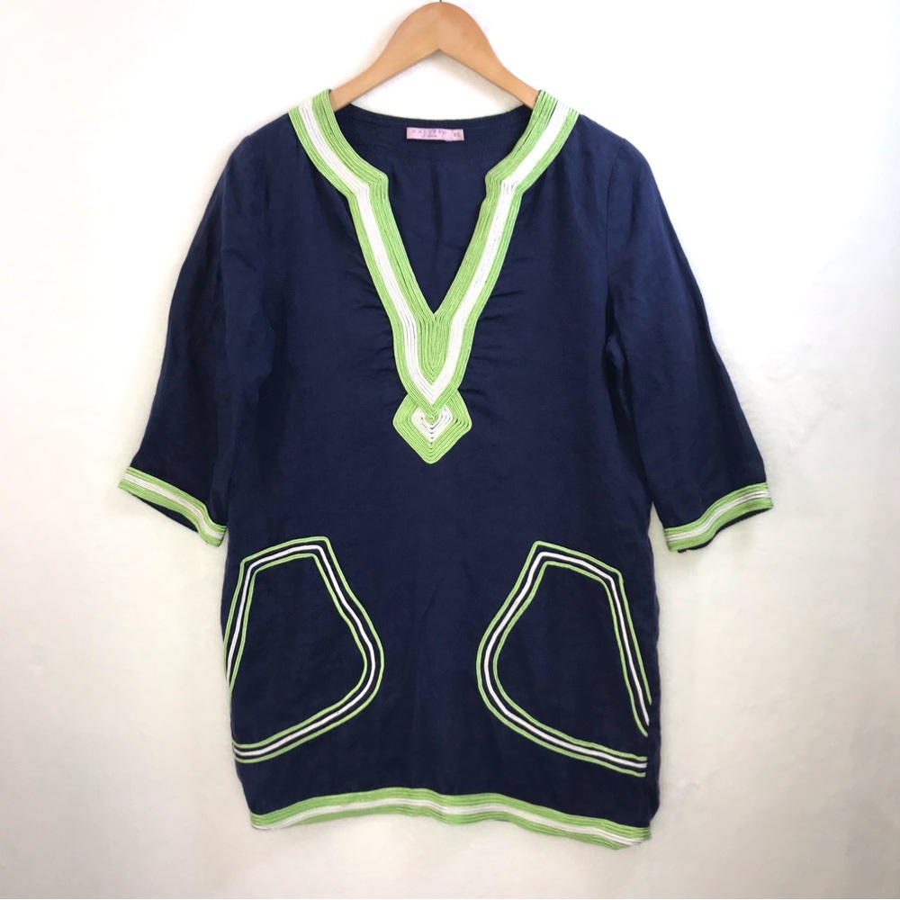 Calypso St Barth’s Linen Tunic Navy Blue Lime Green White Trim V-neck XS